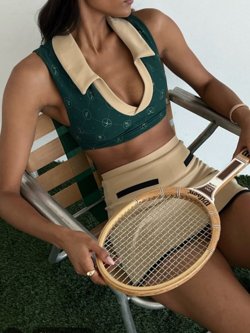 WeWoreWhat Dark Green & Beige Collared Crop Bralette Set Size XS NWT